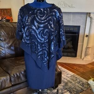 R&M Collection Asymmetrical/ Poncho Navy Sequin Overlay Dress.sz10.(#2008A)